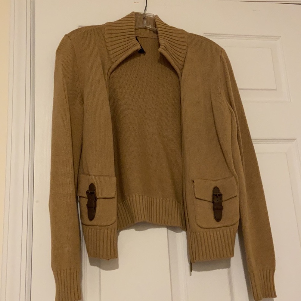 Chaps Brown Buckle Pocket Zip-Up Sweater Size PS